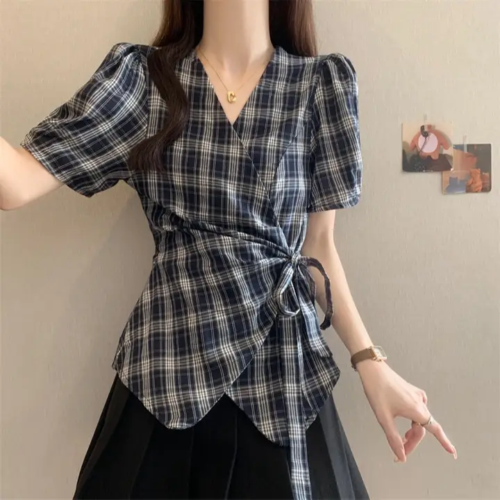 極上の柔らかさのチェック柄 半袖シャツ【女性用・ウエストシェイプデザイン】（セットアップ対応）