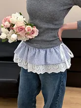 レースフリルブルーチェック柄スカート【重ね着・高級感あるデザイン・スカート風】（セットアップ対応）