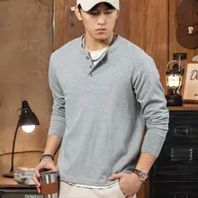 グレー コットン ヘンリーネックシャツ【アメリカンレトロ・長袖・スリムフィット】