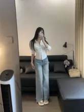 ハイウエストストレートジーンズ 女性 用 ドレープワイドパンツ 薄色 薄手 スリムに見える 足長効果