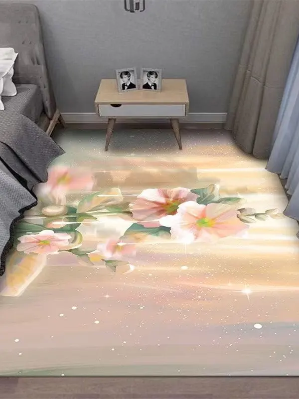北欧風シンプルデザインのアートフラワーじゅうたん：防ダニ・厚手でベッドサイドに最適な空間づくり