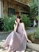 優雅な花柄のノースリーブワンピース【パープル・春用・小柄向け・リゾートスタイル】
