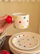 ヴィンテージ風カラフルドット柄陶器カフェカップ＆ソーサー【ラテアート・家庭用・アフタヌーンティー用】