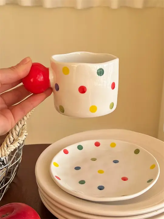 ヴィンテージ風カラフルドット柄陶器カフェカップ＆ソーサー【ラテアート・家庭用・アフタヌーンティー用】