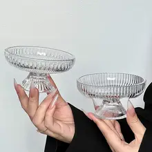 美しいデザインの果物トレイ【氷河ガラス製・高脚・お菓子やスナック、おやつにも最適】