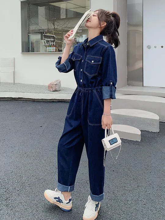 独特なデザインのデニムオールインワン【春秋用・ファッション高級感・女性用】（セットアップ対応）