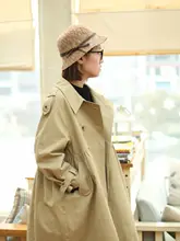 ゆったりとしたコットン製秋用トレンチコート【中丈・Aライン・七分袖・カーキ色】
