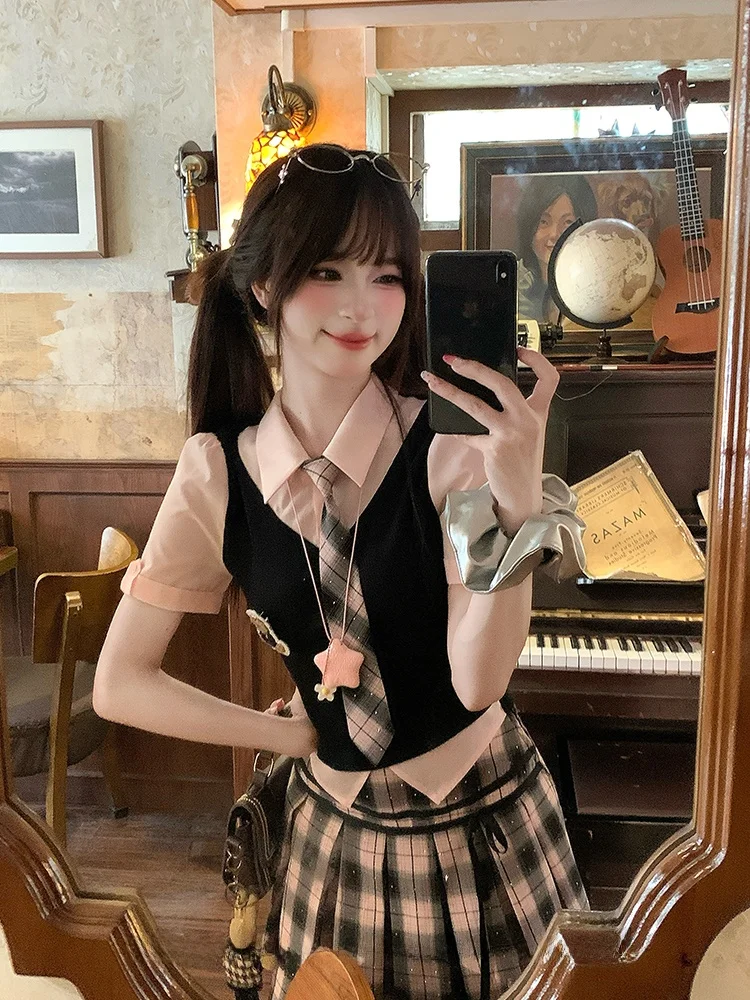 かわいい制服風夏用セットアップ：粉色チェック柄トップスとプリーツスカートの実用性と選定ガイド