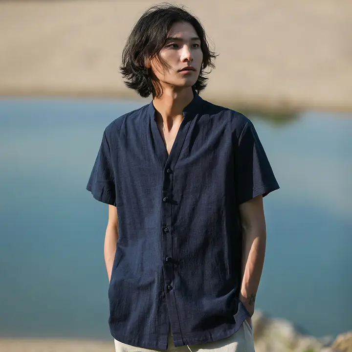 中国風リネン中山シャツ【男性用・短袖・カジュアル・夏用】