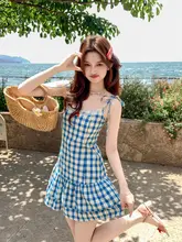 フラワープリントレース切替キャミソールミニドレス【爽やかなブルー・夏用・チェック柄】（セットアップ対応）