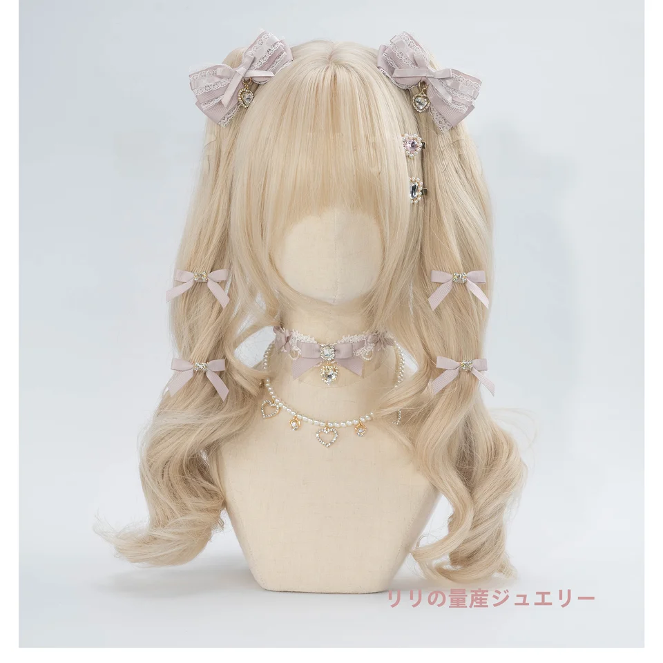 手作りリボンハートチャーム付きヘアクリップ【可愛いロリータ風・ツインテール用・極上の柔らかさ】（セットアップ対応）