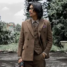 英国風のダブルブレストスーツジャケット【ウール混・ヘリンボーン柄・ビジネスカジュアル・スリムフィット】