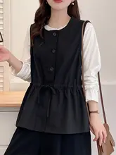 エレガントなデザインのラウンドネックノースリーブトップス【  ウエスト絞り・大きいサイズ・秋用】（セットアップ対応）