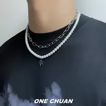 二重重ね着用パールネックレス【メープルリーフペンダント・クレバスデザイン】