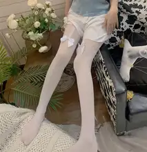 夏用の薄手ロリータ風リボン付き白ストッキング【JKスタイル・タイトフィット・トレンド】