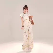 可愛らしいデザイン！デニムサロペットパンツ【夏用・ストレート・ワイドレッグ・小柄  向け】（セットアップ対応）