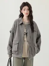 アメリカンスタイルのゆったりしたレディースジャケット【両面着用・翻り襟・カーディガン風】