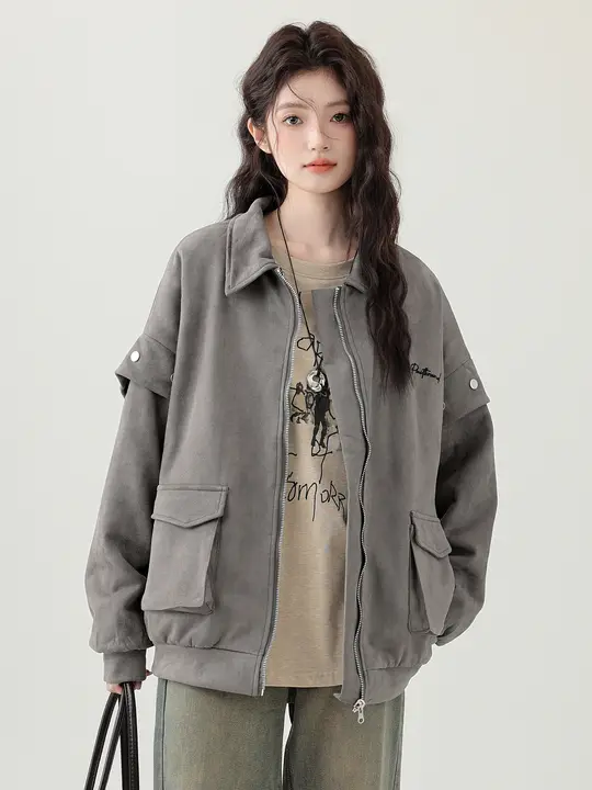 アメリカンスタイルのゆったりしたレディースジャケット【両面着用・翻り襟・カーディガン風】