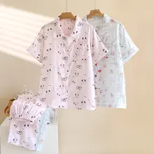 可愛いカートゥーンプリントの純綿ガーゼパジャマ【女性用・短袖・長ズボン・薄手・カーディガン付き・夏用】（セットアップ対応）