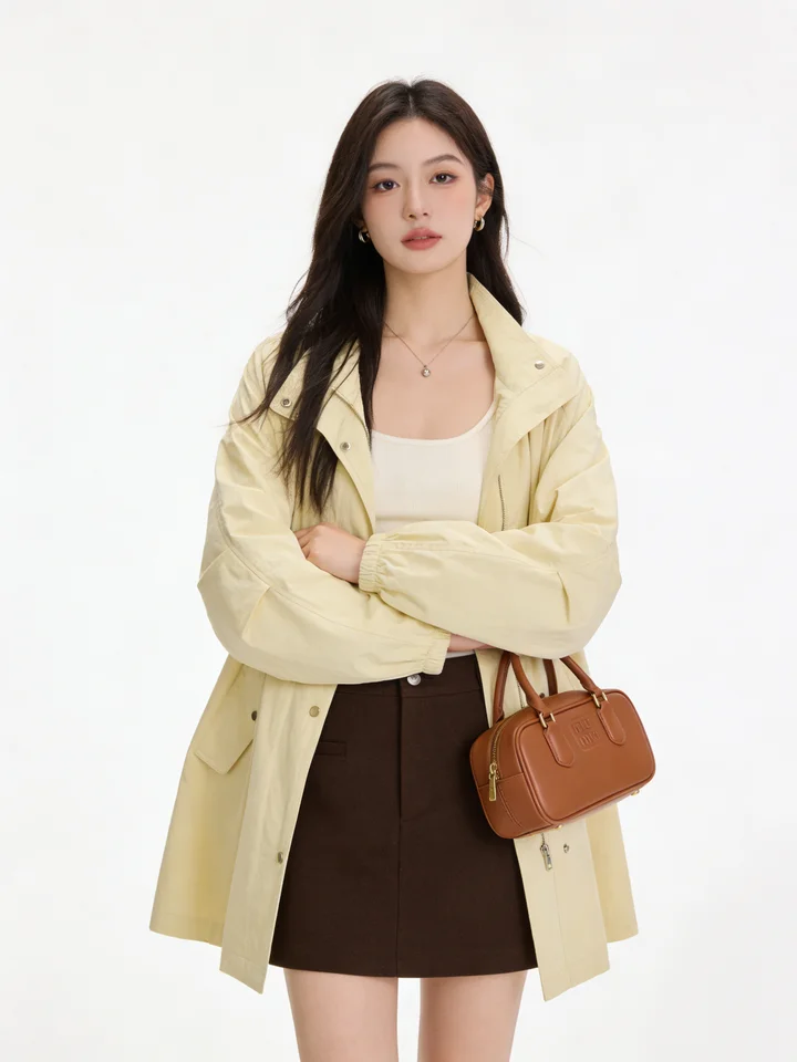春季用 ロング丈 レディースワークコート【ゆったりシルエット・ウエスト絞り・上品デザイン】