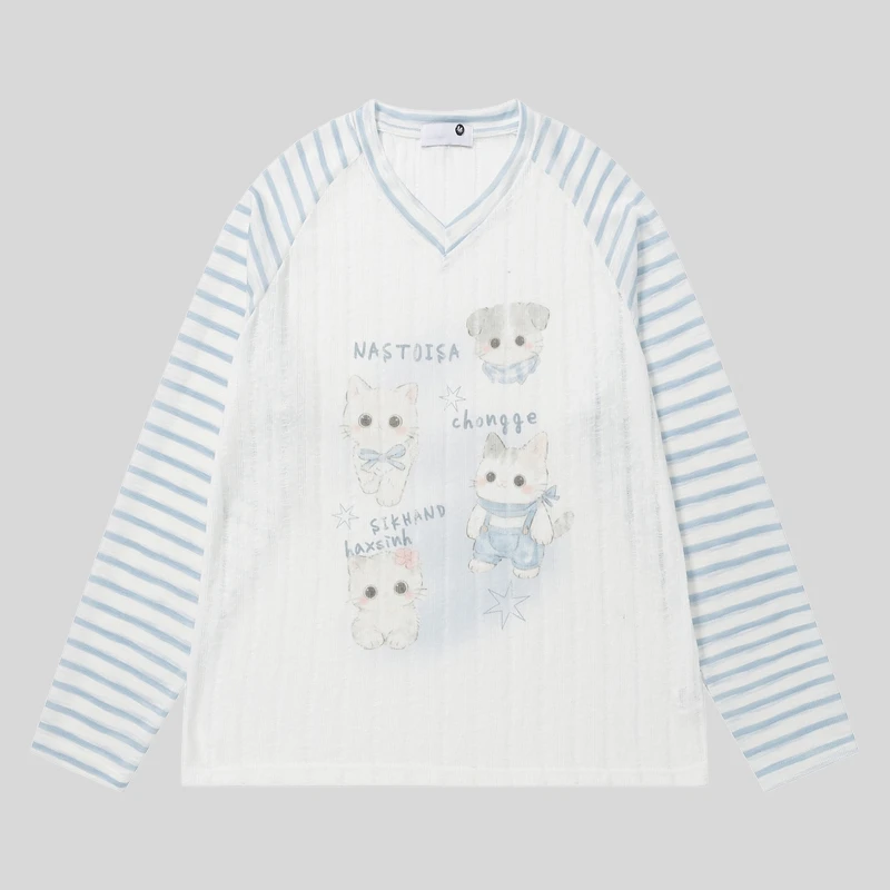 猫デザインのストライプ長袖Tシャツ【Vネック・春夏用・ユニセックス・フィット】