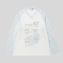 猫デザインのストライプ長袖Tシャツ【Vネック・春夏用・ユニセックス・フィット】