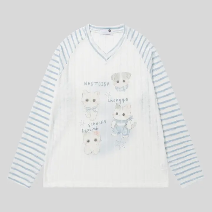 猫デザインのストライプ長袖Tシャツ【Vネック・春夏用・ユニセックス・フィット】