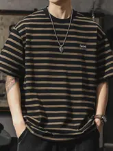 ストライプ柄 メンズ 半袖Tシャツ【コットン・夏用・ルーズフィット・ラウンドネック】