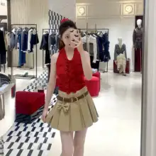ヴィンテージ風プリーツスカート【リボン飾り・ハイウエスト・Aライン・女性用】