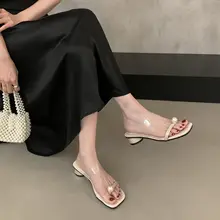 クリアストラップ付き粗いヒールのサンダル【女性用・夏用・パール装飾】