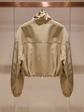 カジュアルな高齢ファスナー付きロングスリーブコート【カーキ・ショート丈・秋用】