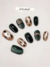 ネイルチップ ハンドメイド ショート キャッツアイ エメラルドグリーン 上品