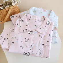 可愛いカートゥーンプリントの純綿 ガーゼパジャマ【女性用・短袖・長ズボン・薄手・カーディガン付き・夏用】（セットアップ対応）