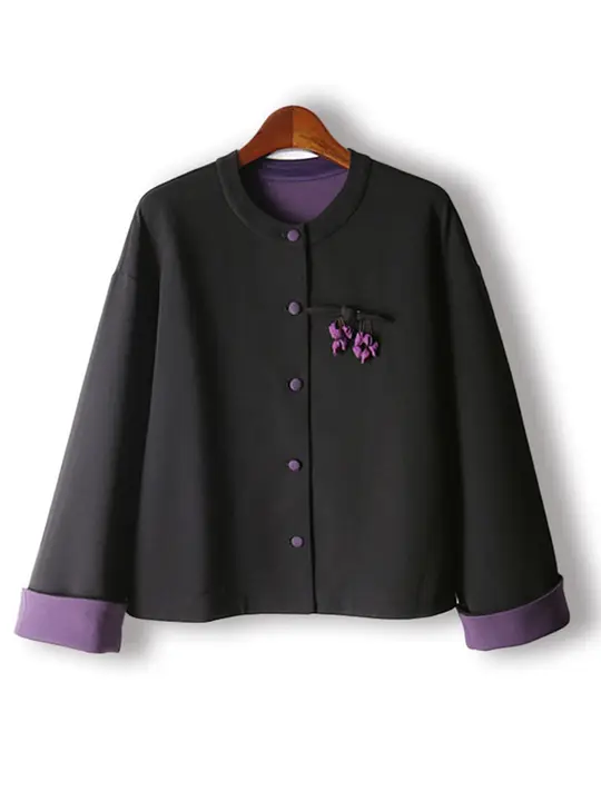パフスリーブデザインのラウンドネックカラーブロックジャケット【長袖・カジュアルコーディネートに最適】