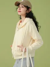 フード付き レディース ゆったり ショートトップス【ジッパーデザイン・クリーム色】
