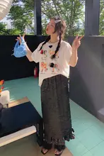光沢感のあるフリル付き レディースマキシスカート【夏用・大きいサイズ対応】（セットアップ対応）