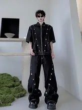 個性的なデザイン！ボタン装飾ショートスリーブ薄手デニムジャケットとワイドパンツ（セットアップ対応）