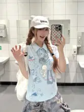 ポロネック 半袖Tシャツ レディース アメカジ ヴィンテージ キャラクタープリント 着痩せ 夏「BeOurRule」