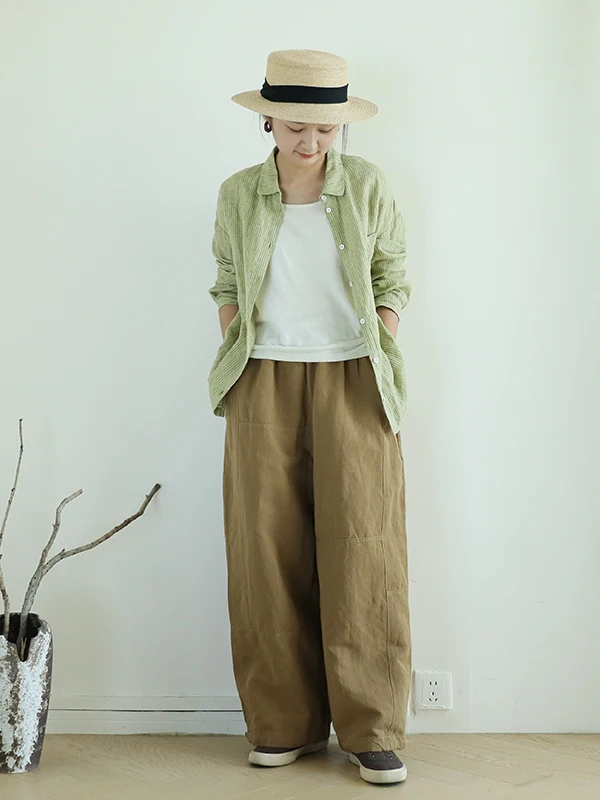 セミワイドパンツ レディース：リネン素材の長めの高  腰デザインが秋の着こなしを支える