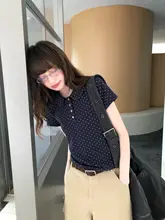 甘美なデザインのドールカラーTシャツ【ポロ襟・ドット柄・ショートスリーブ】