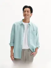フィット 男性用長袖コットンリネンシャツ【夏用・通勤・カジュアル】