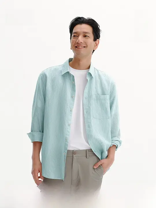 フィット 男性用長袖コットンリネンシャツ【夏用・通勤・カジュアル】