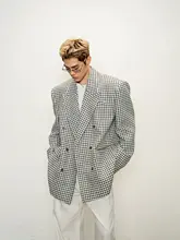 グレーと白の千鳥柄 テーラードジャケット【肩パッド付き・フィット・シンプルデザイン】