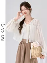 灯籠袖のレースビーチカーディガン【防晒・ショート丈・リボン付き】