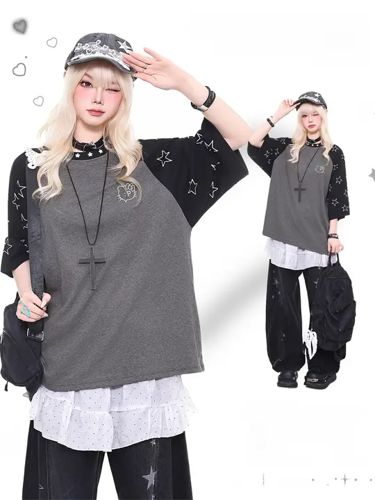 半袖Tシャツ レディース カラーブロック ラグランスリーブ ドレープ ルーズ ヴィンテージ 夏 トップス