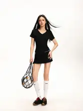 Vネック抽褶短袖Tシャツ【夏用・ウエストシェイプ・スリムフィット・ニット】