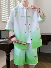 夏にぴったりの新中式風 カジュアルシャツ【半袖・グラデーション・ショートパンツ】（セットアップ対応）