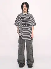 半袖Tシャツ メンズ ストライプ 英字 アメリカンストリート ヴィンテージ ルーズ 夏 カップル お揃い トップス 「Mz」