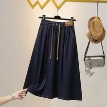 デニムハイウエストAラインスカート【夏用・薄手・体型カバー】（セットアップ対応）