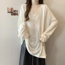 秋季新作の大きいサイズ レディースVネック長袖Tシャツ【フィット・カジュアル・スリム効果】